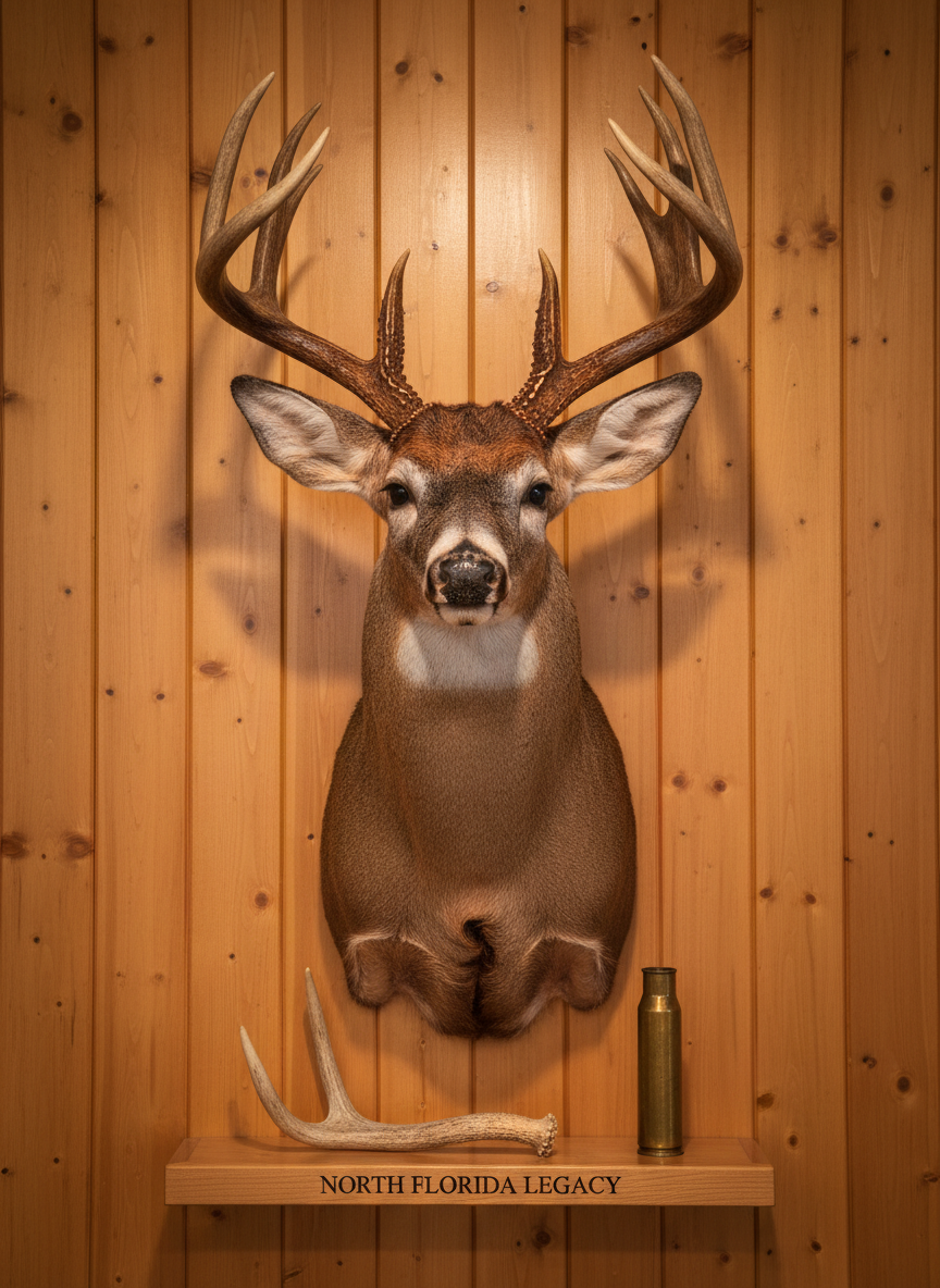 A heavy-beamed North Florida whitetail mount displayed against a backdrop of vertical tongue-and-groove heart pine boards, their amber grain rich and slightly glossy. The rack’s tines are thick and dark at the bases, fading to lighter, polished tips that catch subtle highlights. Beneath the mount, a narrow shelf holds a single shed antler and a vintage brass cartridge case, adding scale and context. Soft, warm indoor lighting from a single overhead source creates gentle downward shadows that emphasize the rack’s structure without harsh contrast. Photographic realism, framed straight-on at eye level with a tight, symmetrical composition. The mood is reverent and respectful, presenting the whitetail not as a trophy, but as a legacy of careful, ethical North Florida management.