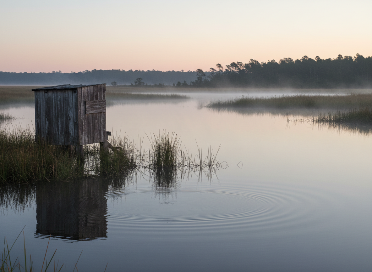 A weathered wooden duck blind rising just above a glassy North Florida marsh at first light, its rough cypress planks darkened by years of tide and rain. Clusters of spartina grass and reed stems surround the blind, their tips catching the faintest hint of dawn. Low, misty fog drifts across still water, faint ripples reflecting muted pink and blue sky. Soft, diffused pre-sunrise light creates gentle gradients and subtle silhouettes, with no harsh shadows. Photographic realism, eye-level composition using the rule of thirds, emphasizing depth as the marsh stretches toward a distant tree line. The mood is calm, patient, and professional, capturing the quiet anticipation before a hunt begins.