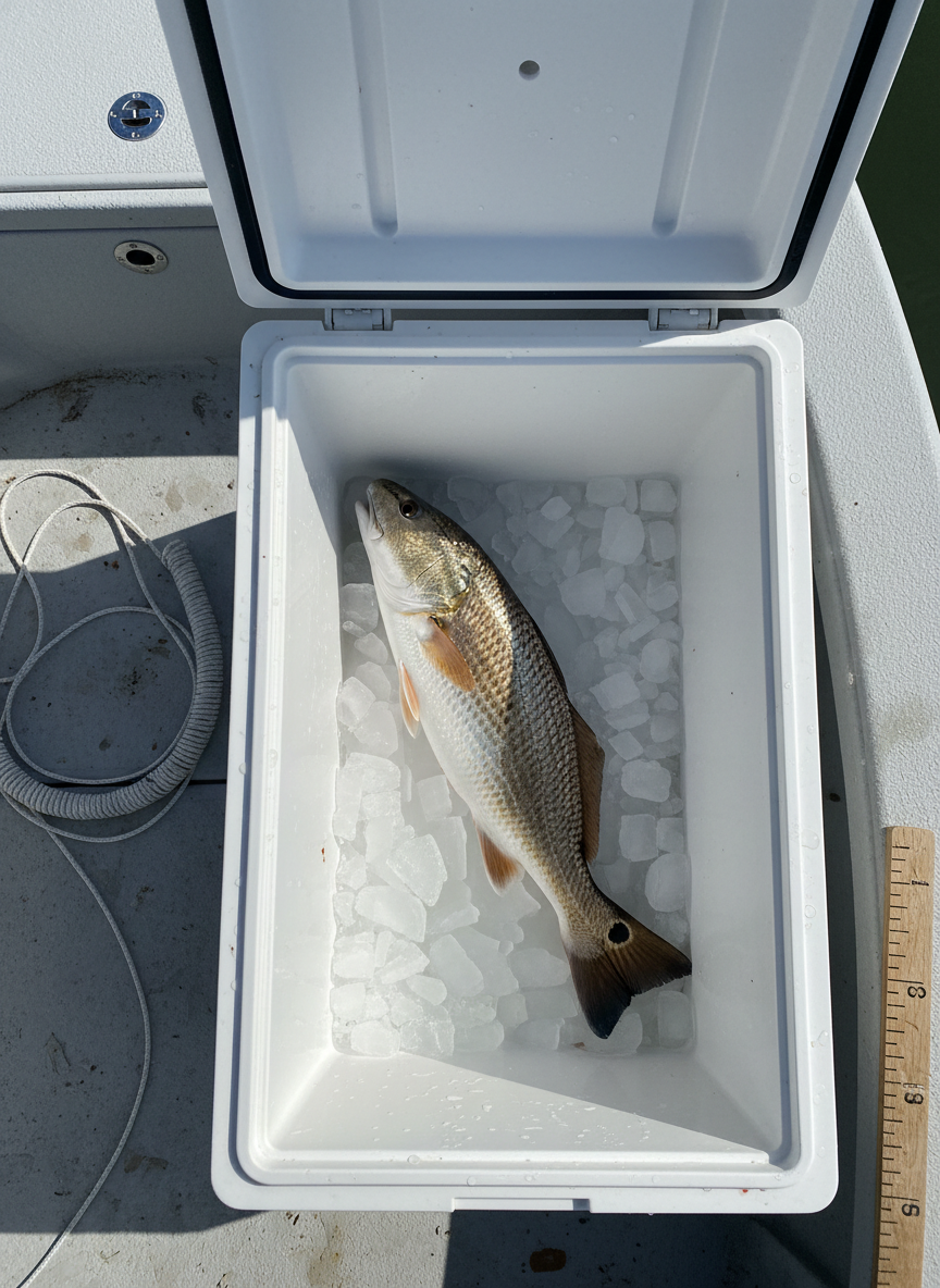 A broad, ice-filled marine cooler on the deck of a small bay boat, lid open to reveal a perfectly placed, freshly caught redfish. The fish’s copper-bronze scales shimmer with iridescent blues and greens, its signature black tail spot sharp against crushed ice crystals. Meltwater beads on the cooler’s textured white interior, catching highlights from overhead sun. Around the cooler, the boat’s deck shows subtle scuffs and salt spray, with a neatly coiled line and a measuring stick etched into the gunwale. Midday Gulf light is bright but natural, casting clean, short shadows and crisp reflections. Photographic realism, shot from directly above with sharp focus throughout, creating a bold, honest, and professional harvest scene.