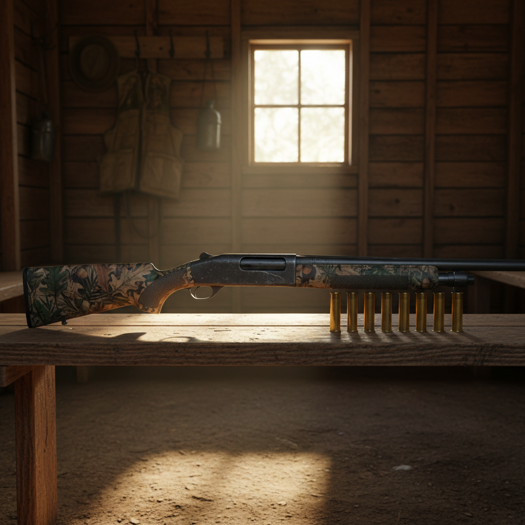 A heavy, scuffed camo shotgun resting carefully across a worn wooden bench inside a small pine-board hunting cabin. The shotgun’s matte metal shows faint scratches, with a textured synthetic stock patterned in realistic oak and palmetto camouflage. Beside it lies a neat row of brass shotgun shells, their polished rims catching the light against the dark grain of the bench. Late afternoon sunlight filters through a single cabin window, casting warm, angled beams and long, defined shadows across the interior. Photographic realism with a slightly elevated angle and shallow depth of field, keeping the shotgun in sharp focus while the cabin walls, hooks, and hanging gear blur softly. The atmosphere feels disciplined, respectful, and purposeful.